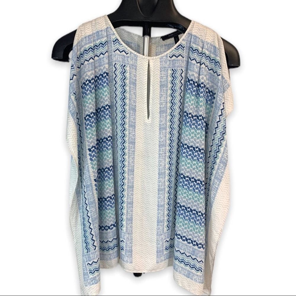 BCBGMaxAzria Women's S Blue Coastal Kaili Keyhole Blouse Geometric Chevron Flowy